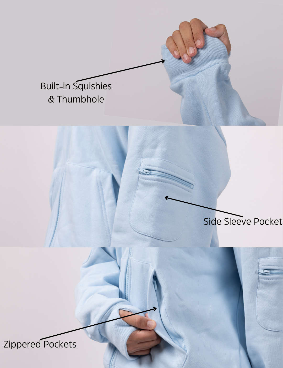 "Squiddy" Essential Zip Hoodie Baby Blue Features