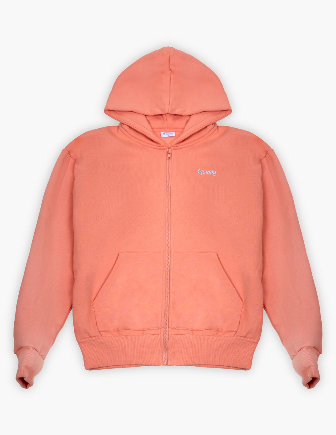 Peach-colored hoodie with a brand logo on a light gray background