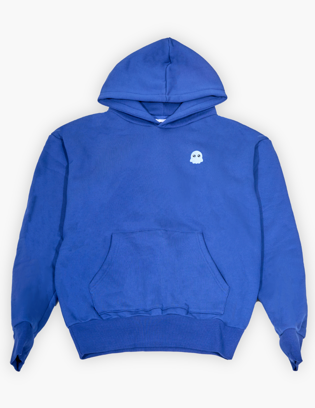 Navy hoodie with a small white logo on a white background