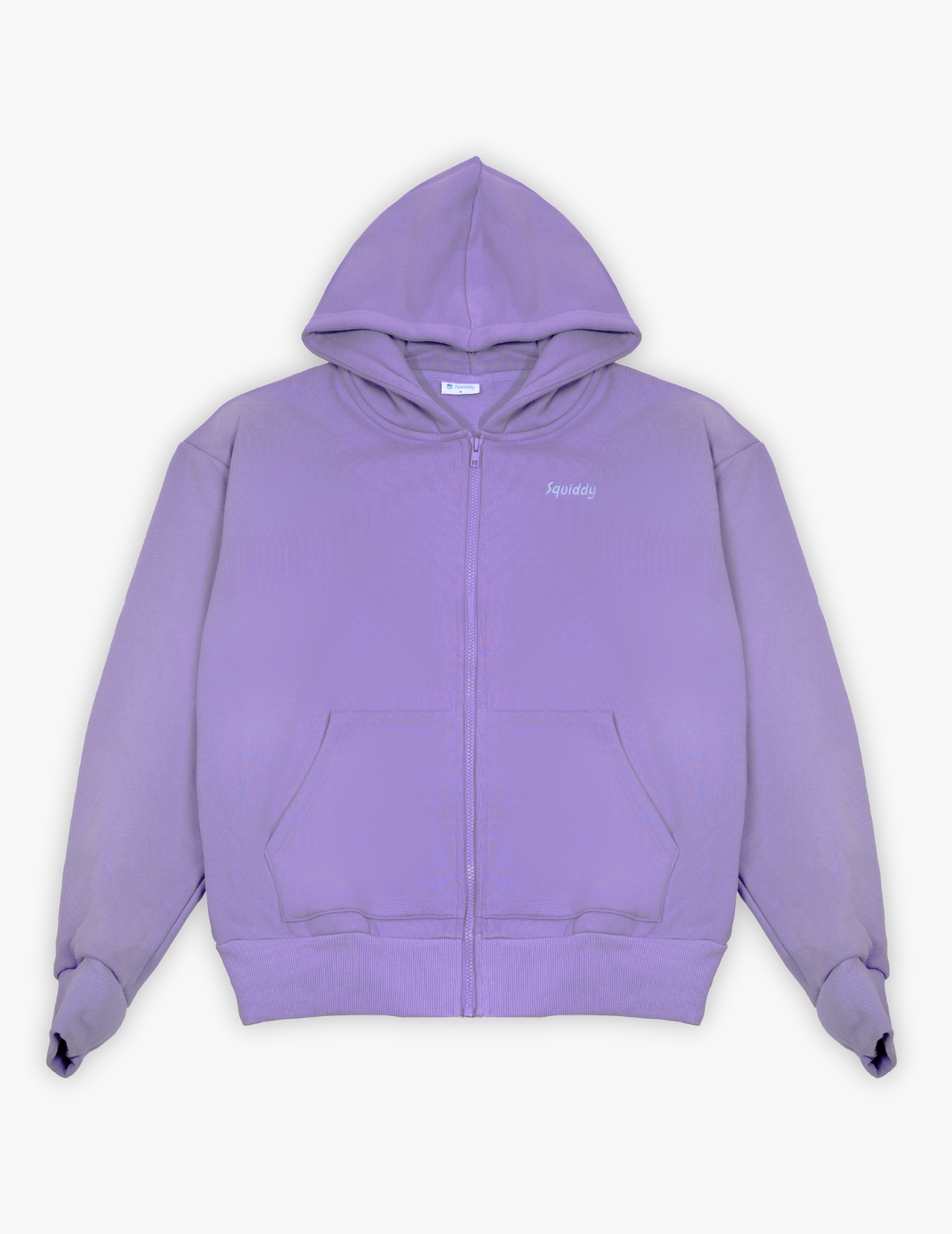 Lavender hoodie with a brand logo on a white background