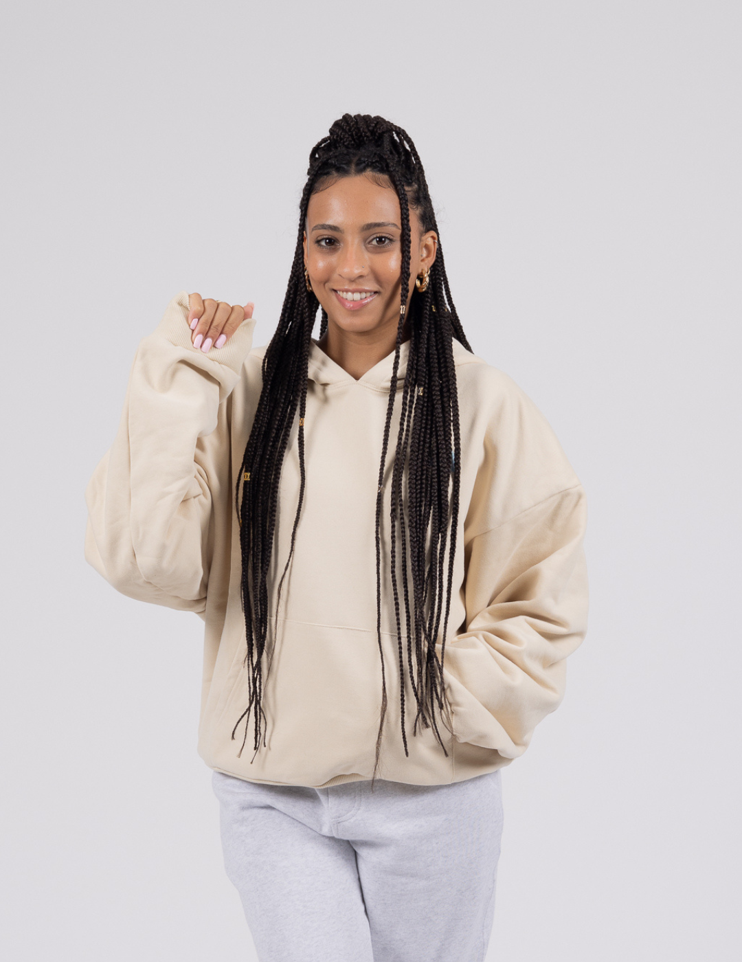 Beige The Signature Squiddy Hoodie- Oversized stress ball hoodie with squishy cuffs