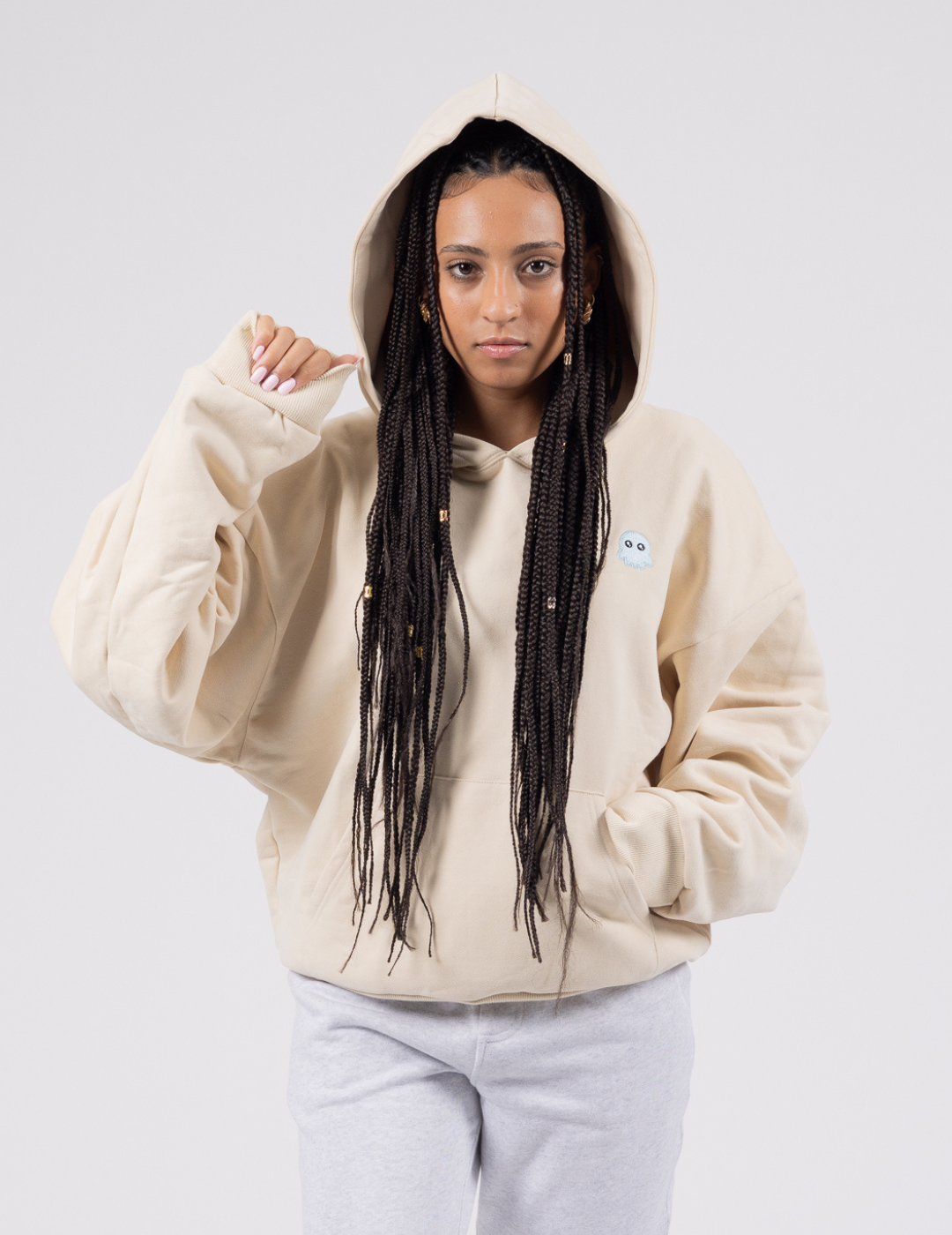 Beige The Signature Squiddy Hoodie- Oversized stress ball hoodie with squishy cuffs