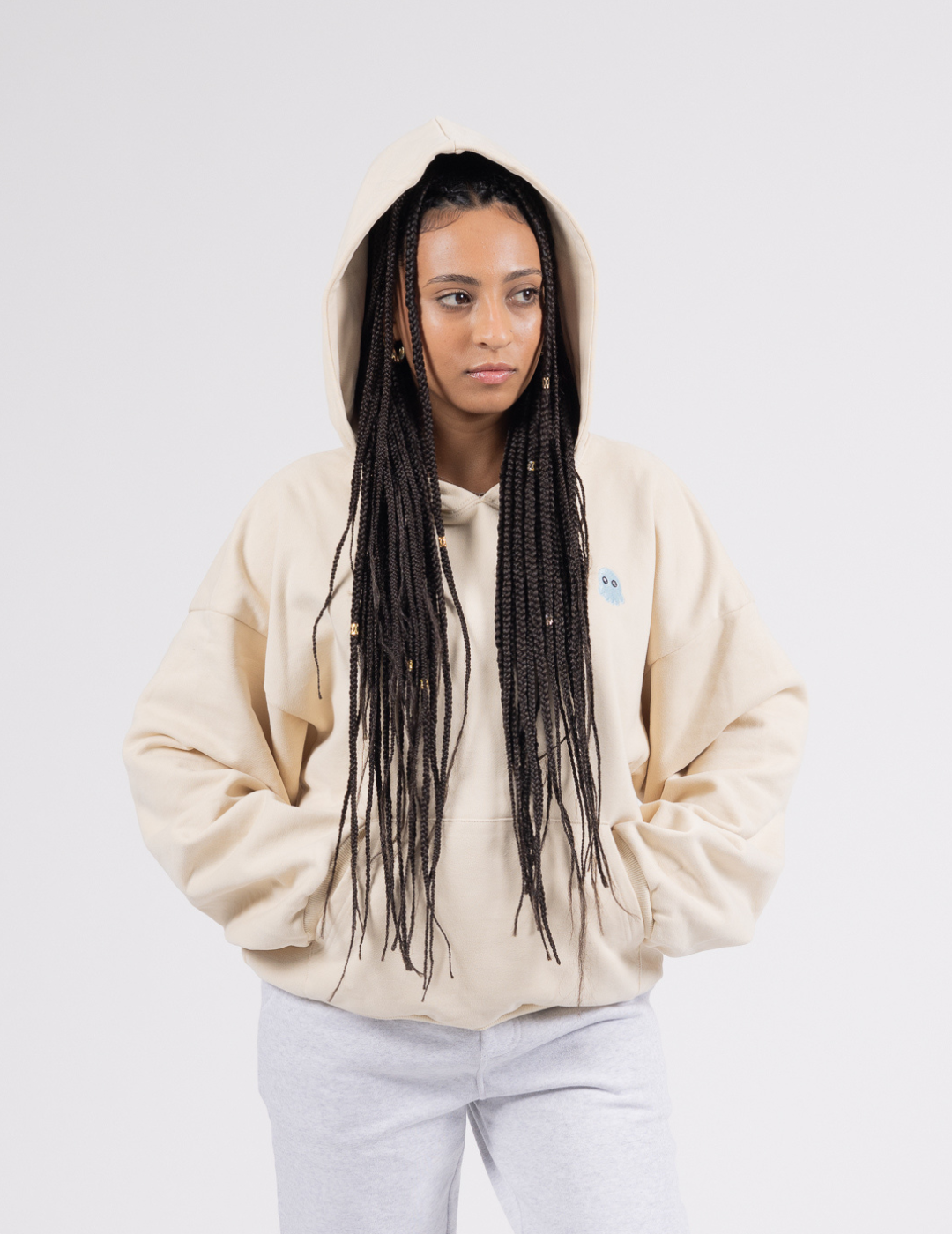 Beige The Signature Squiddy Hoodie- Oversized stress ball hoodie with squishy cuffs