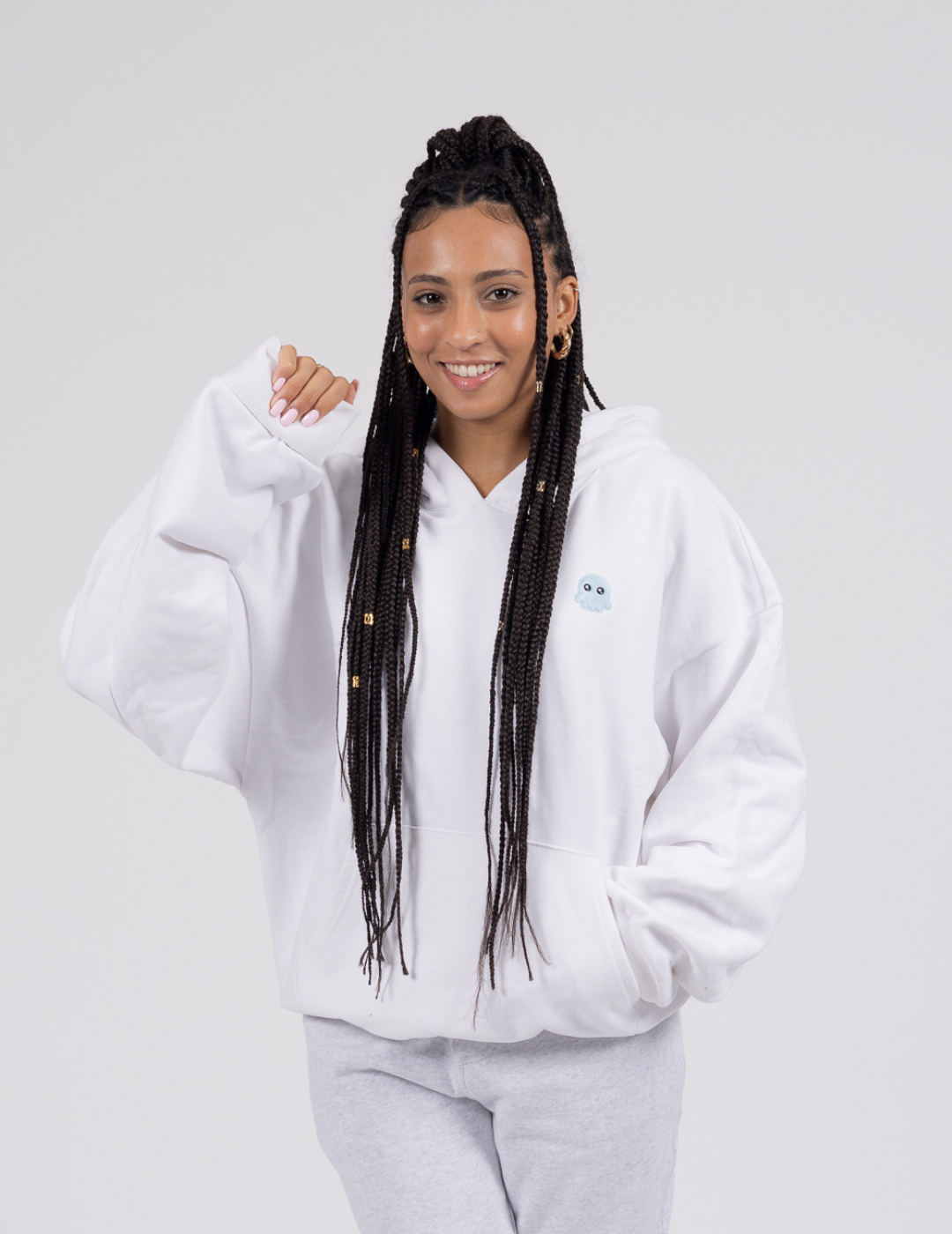 White The Signature Squiddy Hoodie- Oversized stress ball hoodie with squishy cuffs