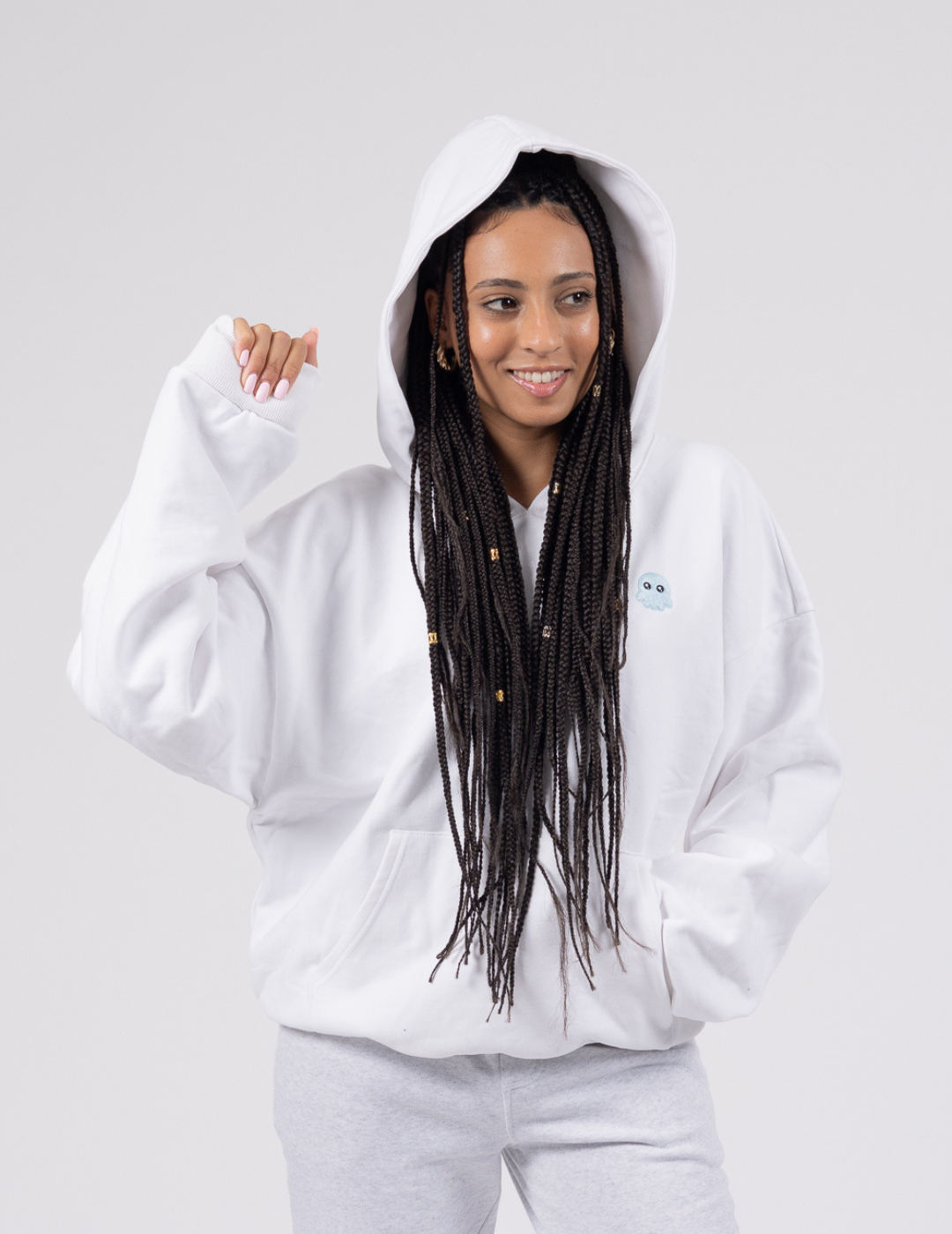 White The Signature Squiddy Hoodie- Oversized stress ball hoodie with squishy cuffs