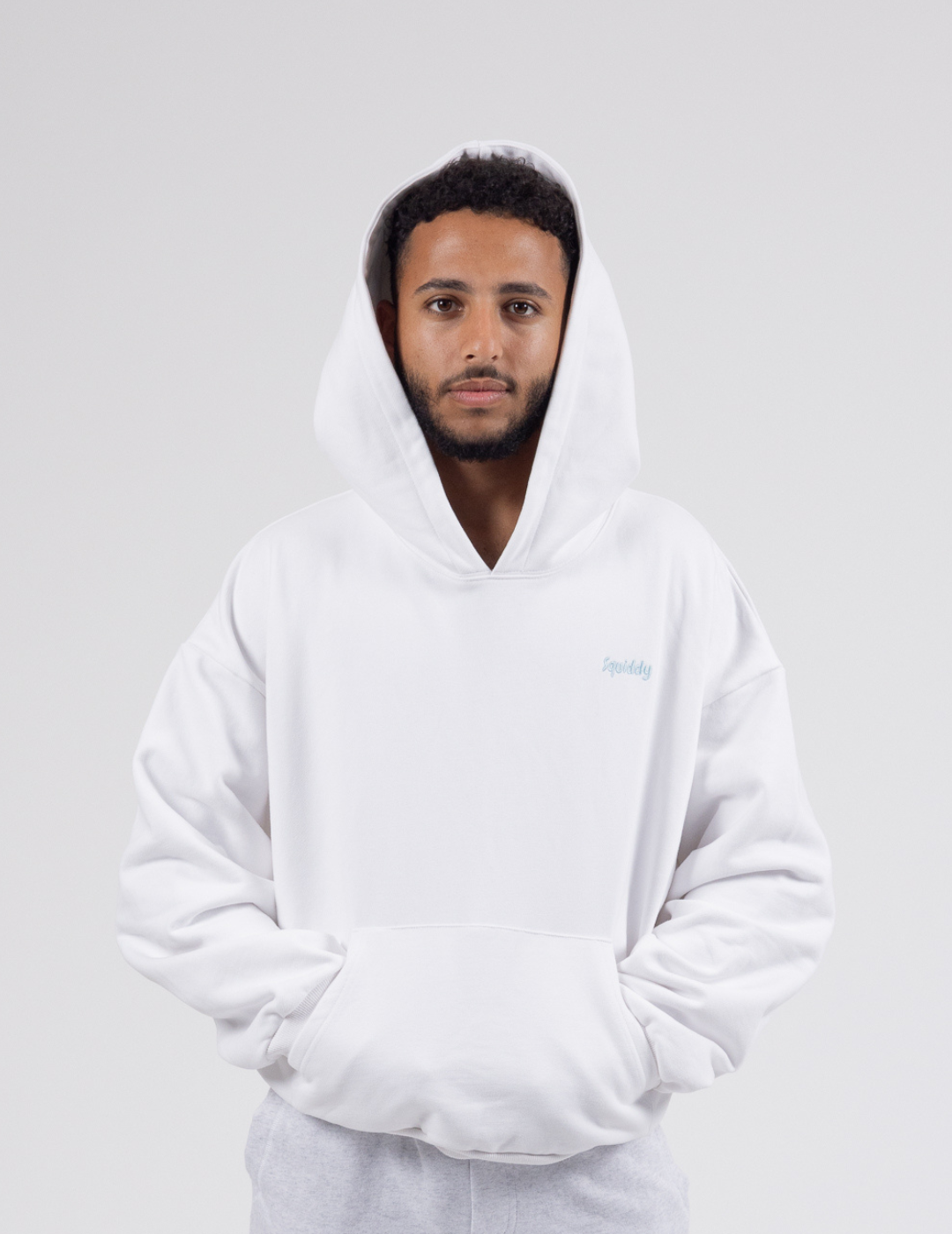 White Signature Squiddy Hoodie- Oversized stress ball hoodie with squishy cuffs